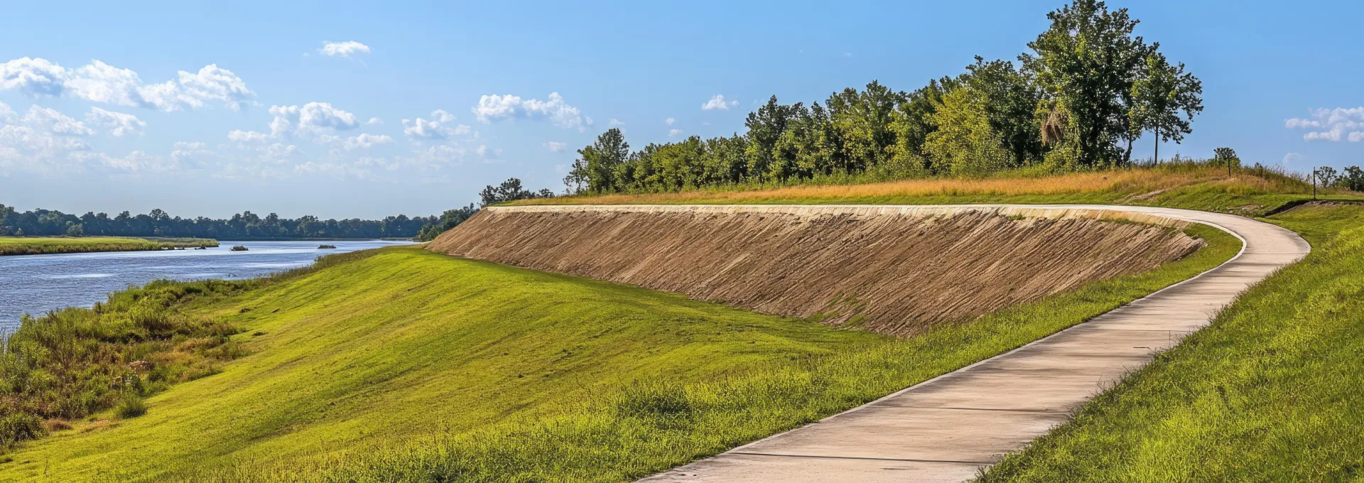 Paved cycle trail running atop an earthen levee along the Mississippi River in Louisiana. This levee forms part of the region’s hydraulic structures, serving as a critical dike system for flood protection while offering a recreational pathway that connects civil engineering resilience with community use.