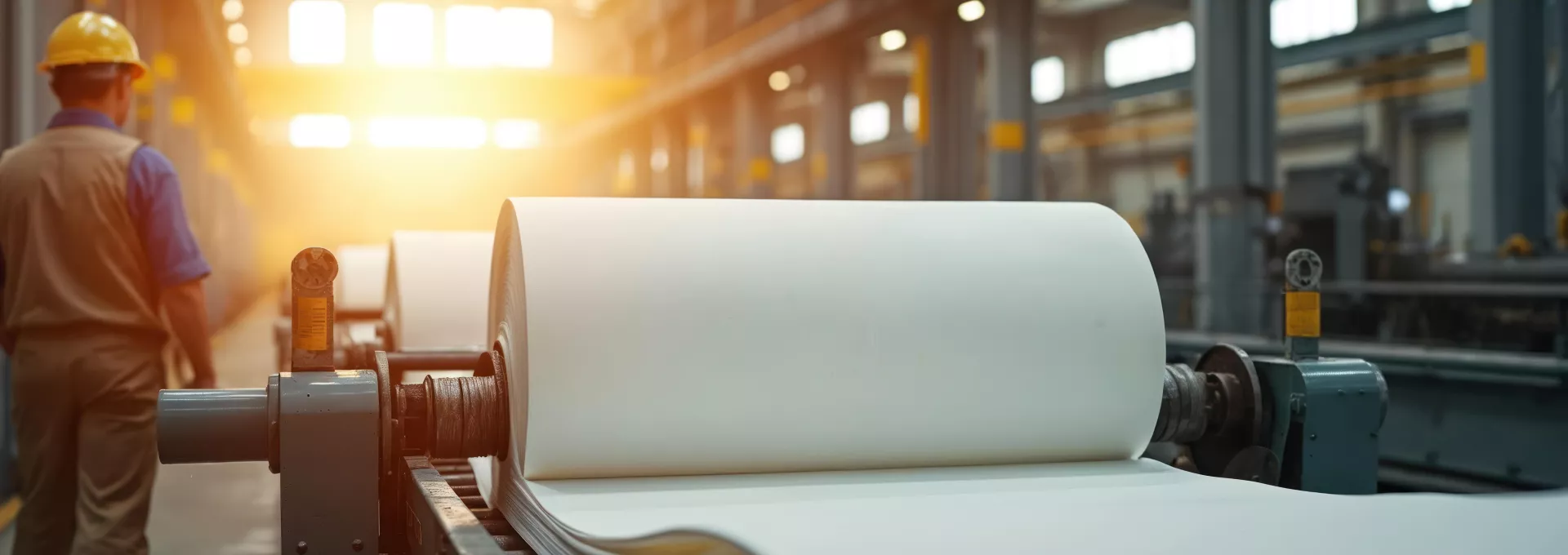 Paper mill worker in hard hat observes huge white paper rolls on manufacturing line. Industrial facility creates paper products, automation and machinery involved in large scale production.