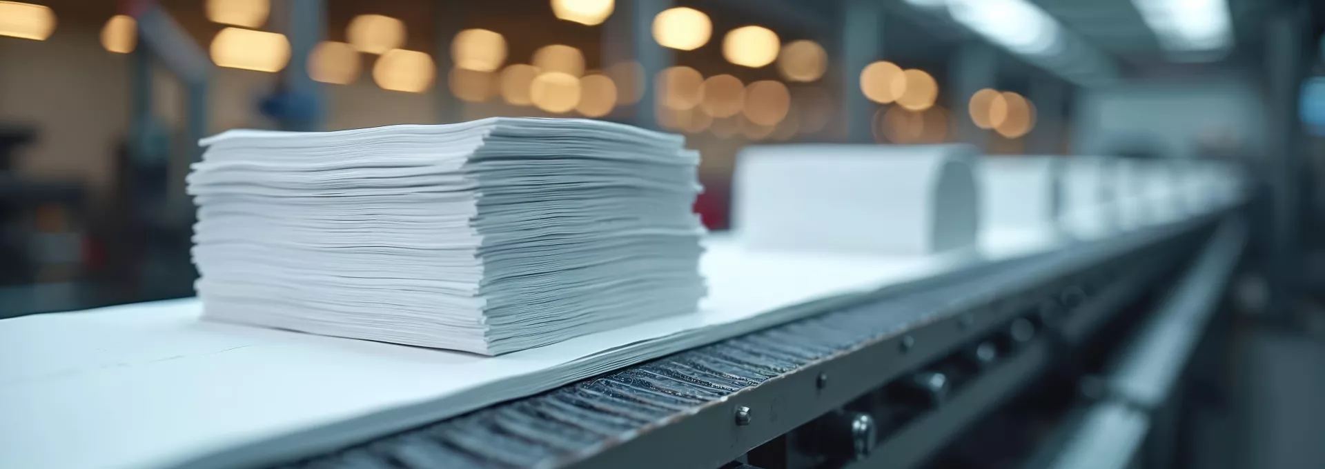 Stacks of white paper move on a conveyor belt inside a modern factory. Automated machines process large quantities of sheets. Industrial production for documents and print materials.