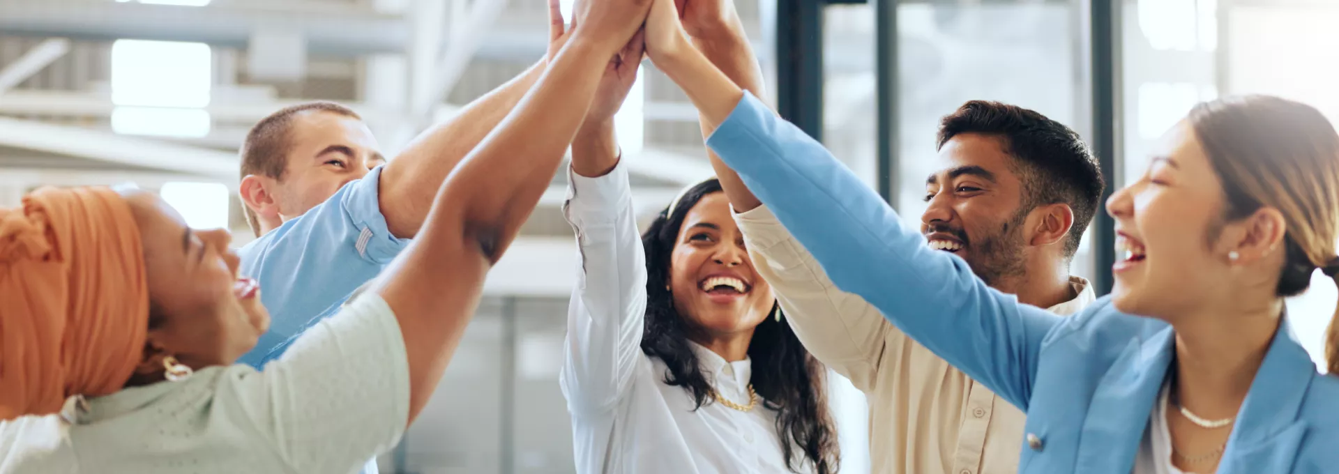 Business people, diversity or high five in teamwork success, advertising goals or team building in marketing modern office. Smile, happy or collaboration hands gesture, creative designer men or women