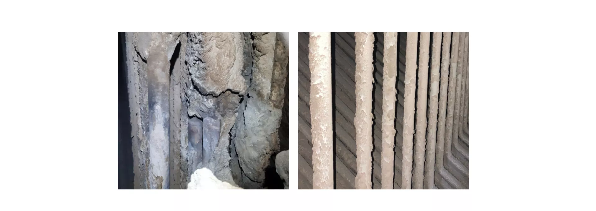 The photo on the left shows the heat exchanger tubes after a plant shutdown with no Sorbacal® Heat injection. The photo on the right shows the same area, after having used Sorbacal® Heat for one year.