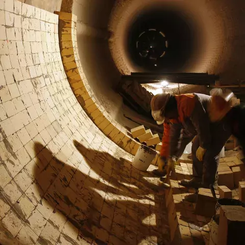Workers using refractory bricks to reline a kiln