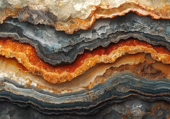 Close-up view of Earth's crust revealing rich minerals such as copper, iron ore, and lithium with intricate textures and colorful earthy tones