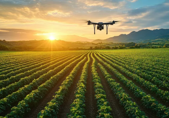 Drone flying over a vast green farm field with evenly spaced crops during sunrise with mountains in the background under a partly cloudy sky