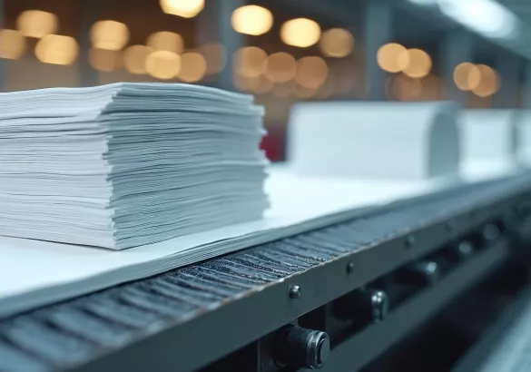 Stacks of white paper move on a conveyor belt inside a modern factory. Automated machines process large quantities of sheets. Industrial production for documents and print materials.