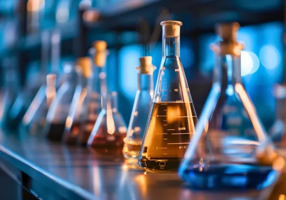 Industrial chemical research laboratory: glass bottles with liquids, equipment for experiments, hazardous materials, toxic and flammable substances, biotechnology, chemical reactions, analysis science