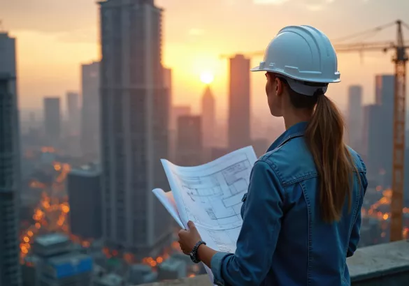 Female engineer in white helmet examines building plans overlooking cityscape. Woman architect with blueprint plans project management. Construction worker at construction site with skyscrapers at.jpeg