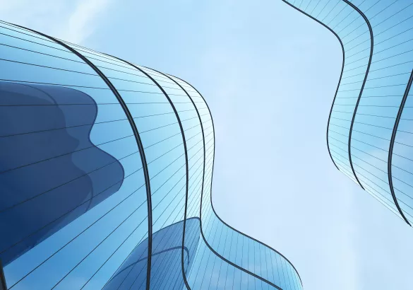 Low angle view of futuristic architecture, Skyscraper of office building with curve glass window, 3D rendering..jpeg