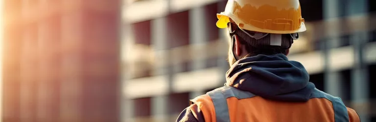 at back of the construction worker head which is wearing the safety helmet and checking work at the construction site