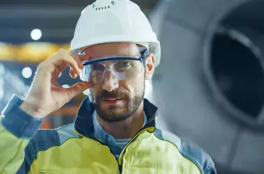 Worker Wearing Safety Uniform and Hard Hat Putting on Glasses