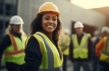 Smiling woman wearing a safety hardhat and reflective orange vest