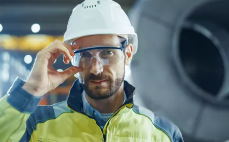 Worker Wearing Safety Uniform and Hard Hat Putting on Glasses
