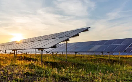 ground mounted photovoltaic power station at sunset