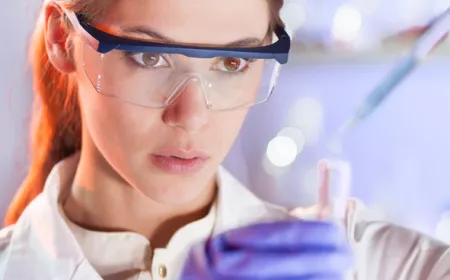 woman with protective glasses working in chemistry lab