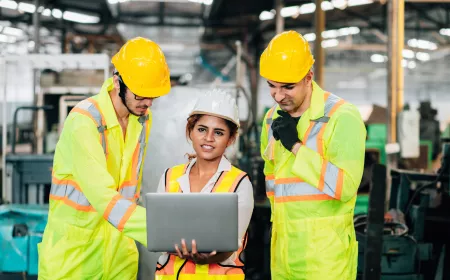 3 engineers with computer in an industrial hall