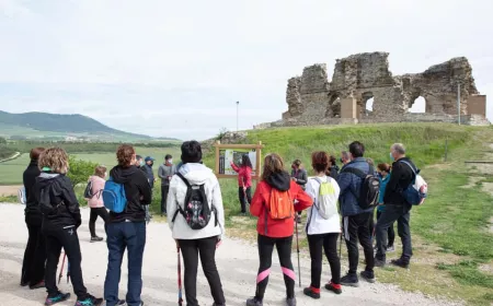 group of Nordic walkers stopping in front of an information board with a ruin in the background