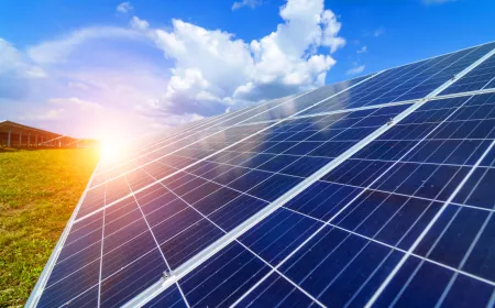 Solar panel with blue sky and sunlight