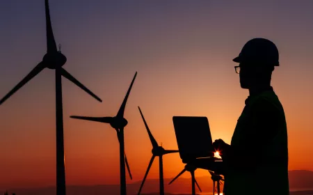 A person with computer in front of wind mills with sunset