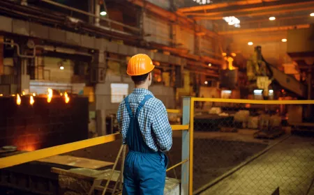 man looking at the machines in a steel factory from a distance