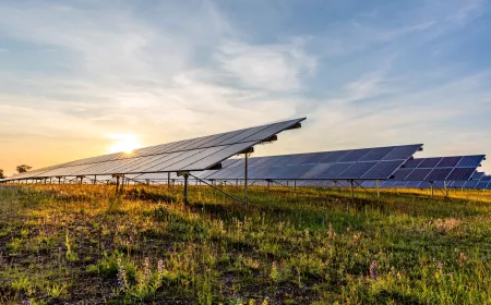 ground mounted photovoltaic power station at sunset