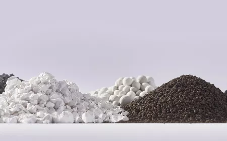 Different types of Lhoist pile of products in powder or rocks