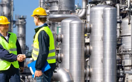 man wearing safety equipement shaking hands in a factory