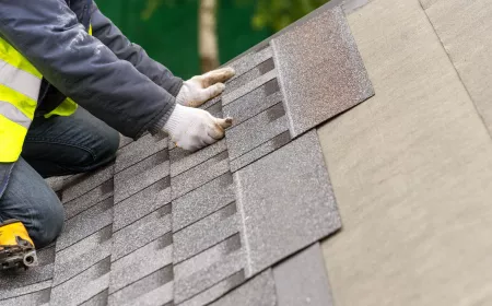 Workman install tile on roof of new house under construction