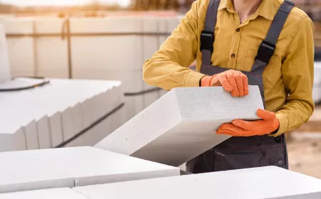 man contractor builder is holding an autoclaved aerated concrete block aac on a construction site