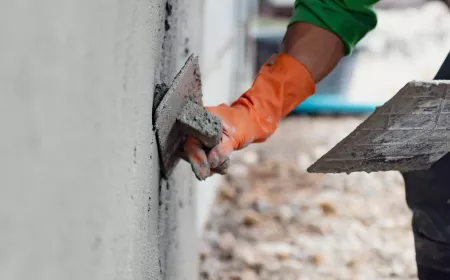closeup hand worker plastering cement on wall for building house