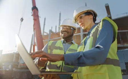 employees on site looking at a computer