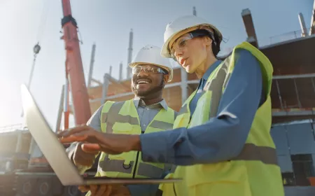 employees on site looking at a computer