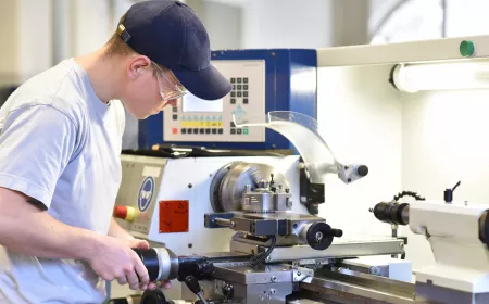young apprentice in vocational training working on a turning machine in industry
