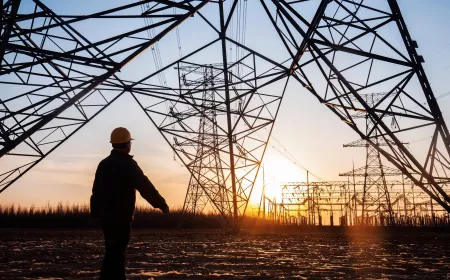 electricity workers and pylon silhouette