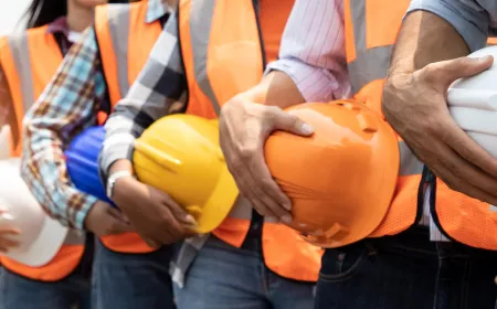 Teamwork of diversity engineer holding helmet standing in row on site work