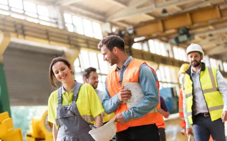 Steel workers walking and talking in a plant