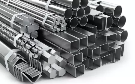Stack of various steel profiles including round tubes, square tubes, hexagonal bars, and L-shaped angles, bundled together on a white background.