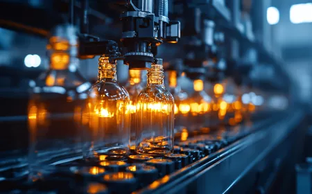 Glass bottles being formed and shaped in a glass manufacturing plant, glass bottle production, industrial manufacturing process