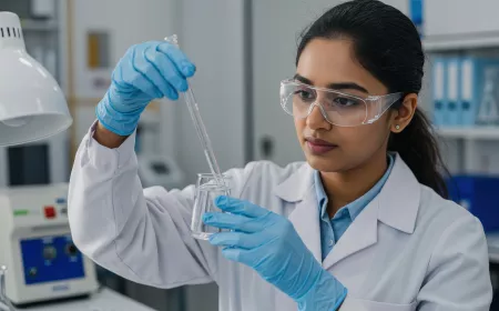 female scientist wearing gloves and goggles working in lab with test tubes. scientific research and analysis, liquid testing water quality