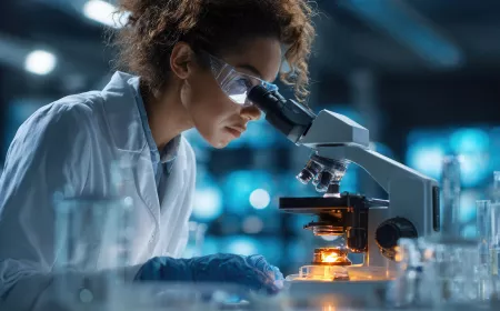 Person looking through microscope in laboratory