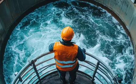 A worker in an orange vest and helmet stands by a circular water treatment facility, observing the turbulent water below.