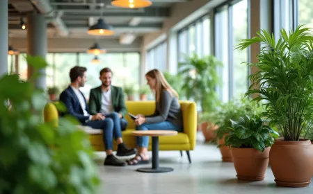 Colleagues in a bright, modern office common area. People sit on yellow sofa near potted plants. They talk and look at tablet device in office lounge.