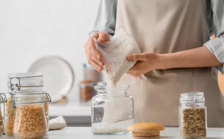 someone is filling a container glass in a kitchen