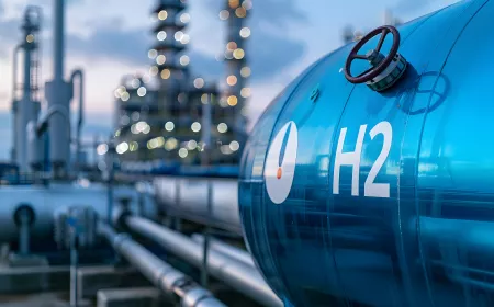 Close up of an industrial "H2" fuel storage tank with a hydrogen power plant background symbolizing the transition to net zero emissions