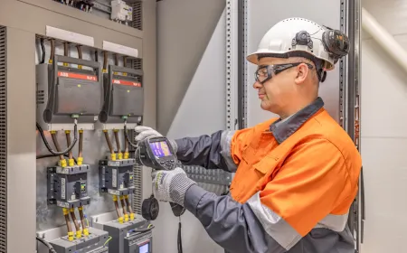 Worker using a thermal imaging camera to inspect electrical equipment inside an industrial control cabinet while wearing appropriate safety gear.