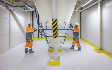 Two operators in protective equipment monitoring and operating a large industrial storage silo inside a processing facility.