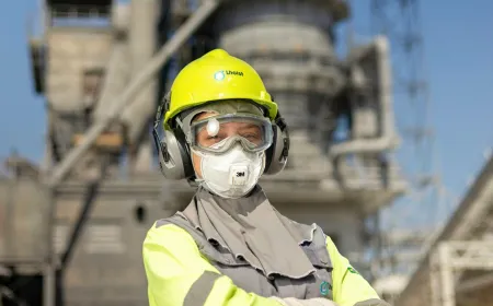 Lhoist employee wearing safety equipment standing in front of industrial production facilities at a site in Brazil.